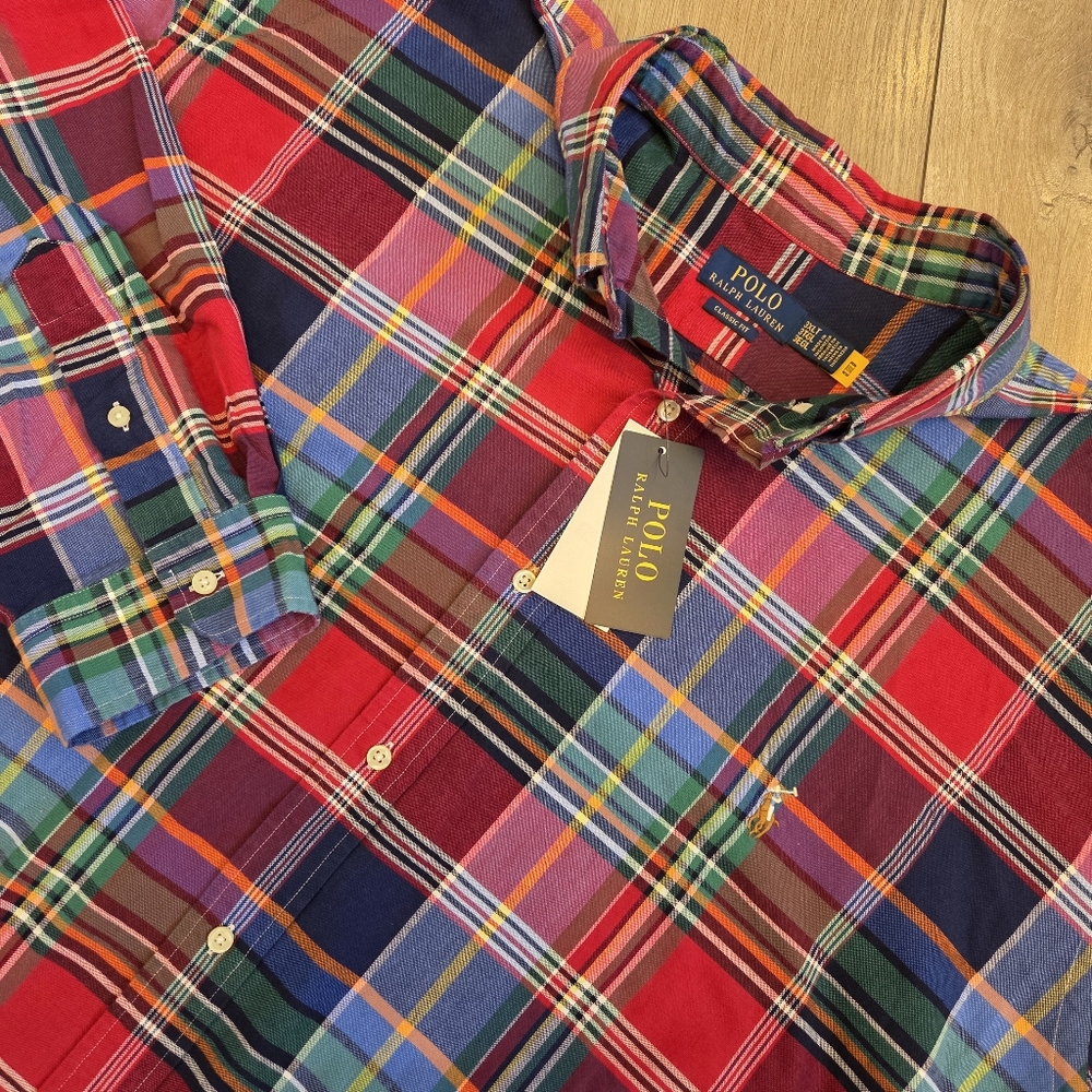 NWT Ralph Lauren Polo 3XLT Plaid Button Up Shirt Red Blue Pony Logo Classic Fit